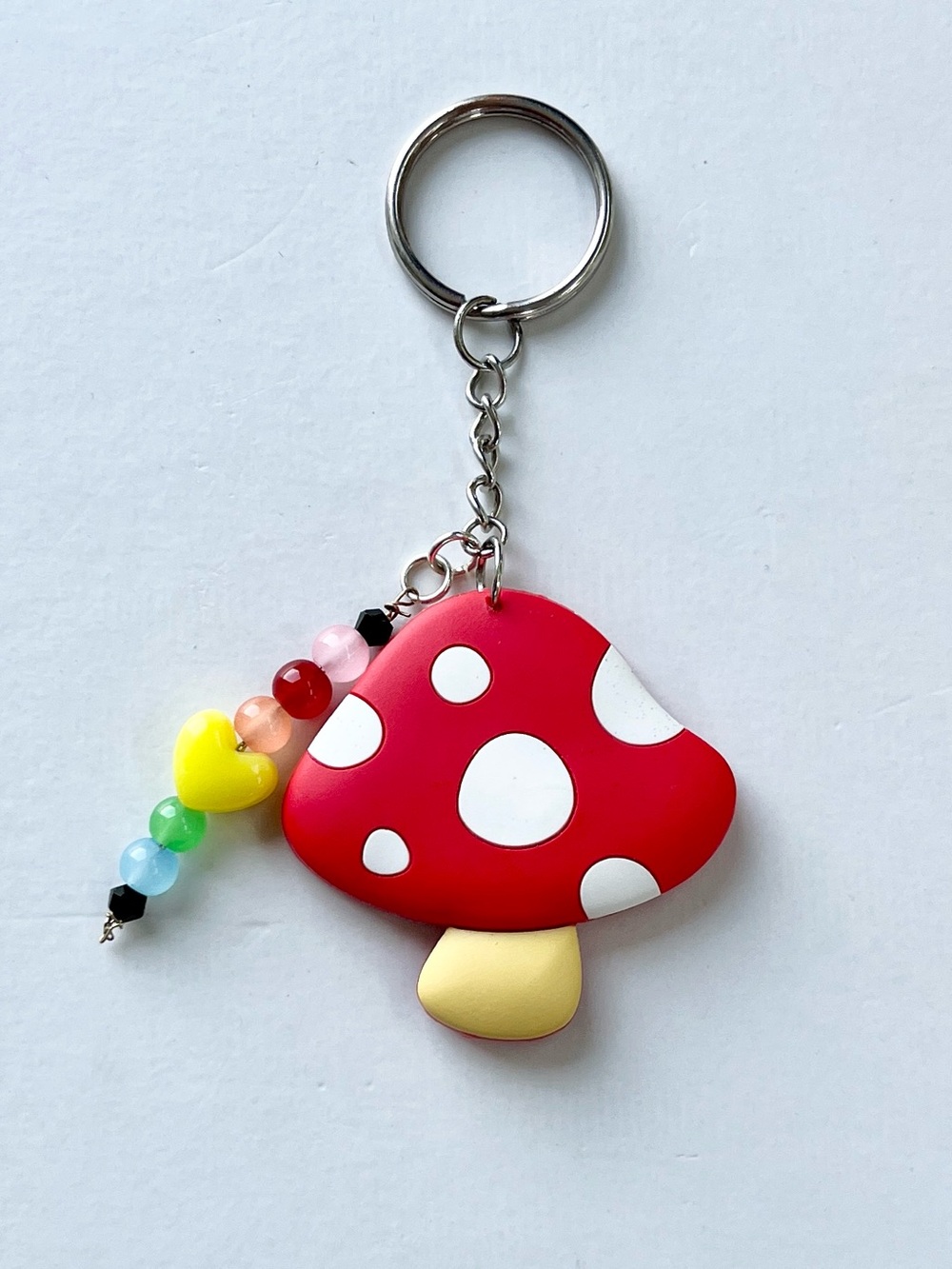 🍄 “Live Life Happy” Mushroom Keychain Charm with Rainbow 🌈 & 💛 Bead Accents